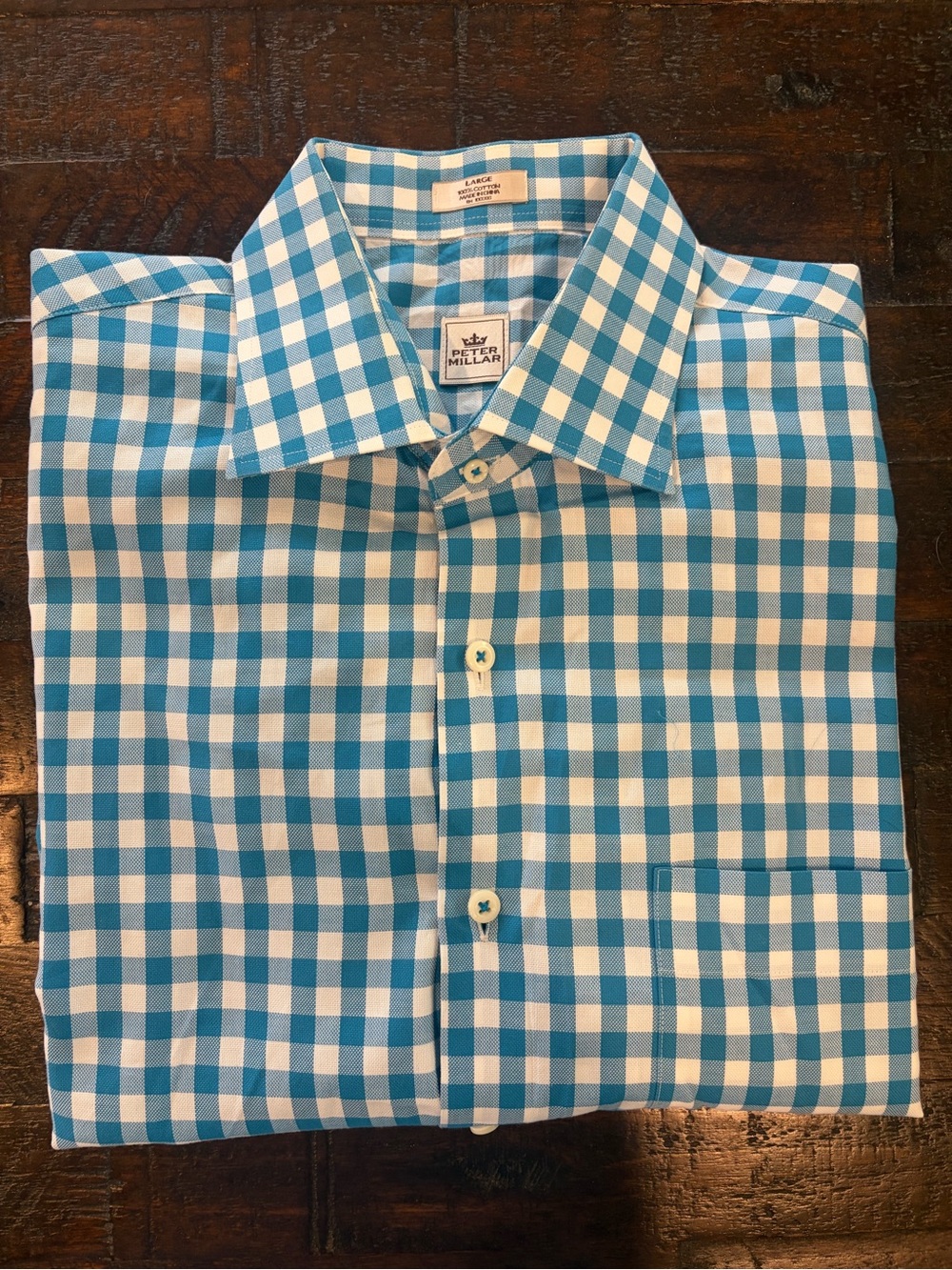 Peter Millar Blue and White Gingham Dress Shirt L